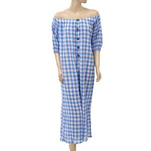 Asos Design Maternity Off-Shoulder Plaid Jumpsuit Dress Blue Cotton M-8